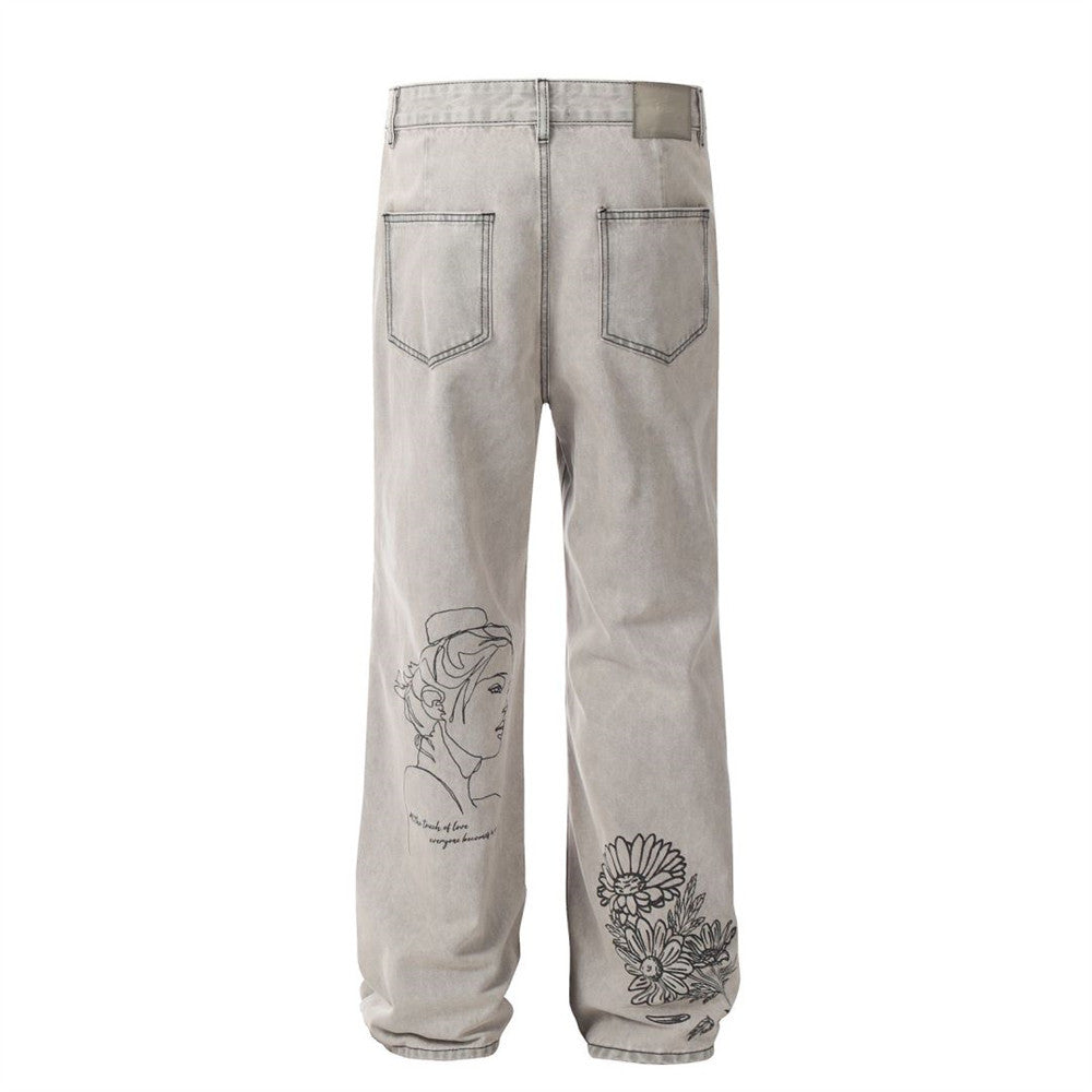 Men's Graffiti Print Loose Straight-Leg Denim Trousers | Light Gray | S–2XL