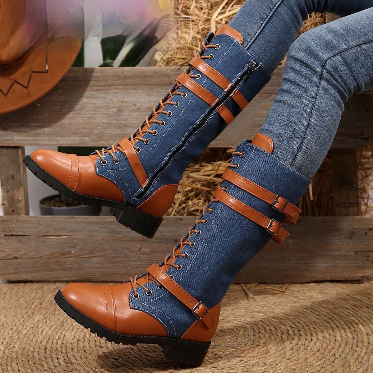 Rivet Belt Buckle Mid-Calf Boots - Women's Square Heel Round Toe Boots