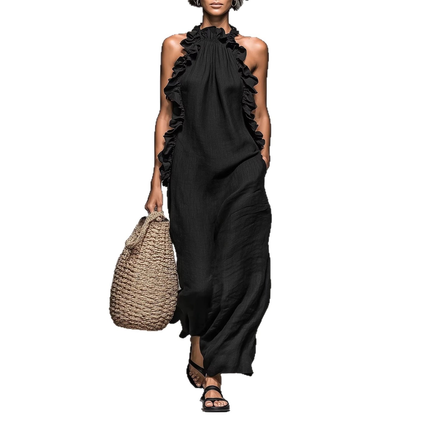 Le Volant — Ice-Silk Ruffle Halter Open-Back Maxi Dress