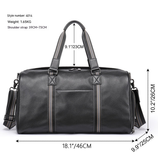Black leather duffel bag with measurements on a white background