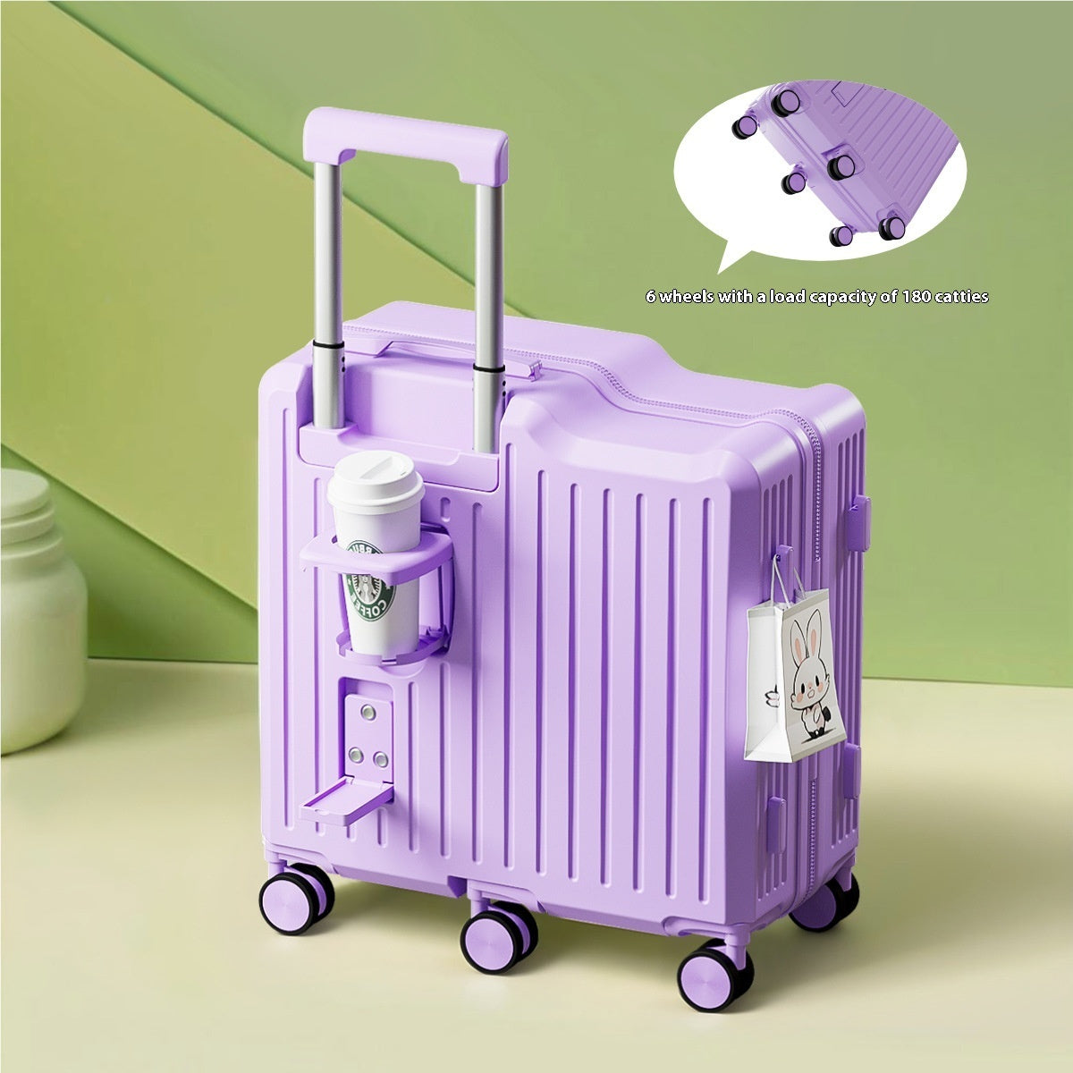 Purple suitcase with wheels and a handle on a green background