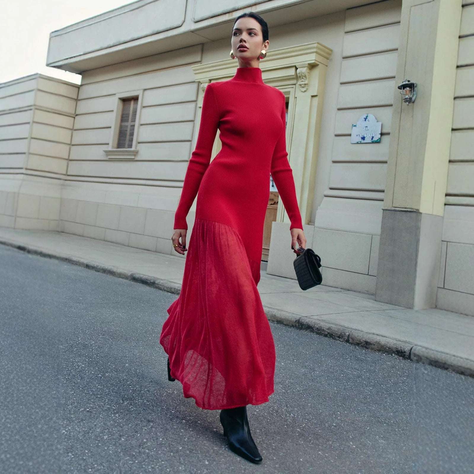 Women's Pullover Knit A-Line Maxi Dress | Black, Deep Burgundy & Red | XS–XL