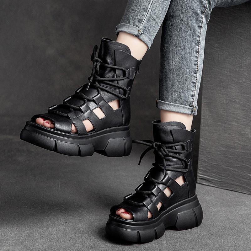 Women's Hollowed-Out Roman Sandal Boots - Open-Toe Buckle Boots