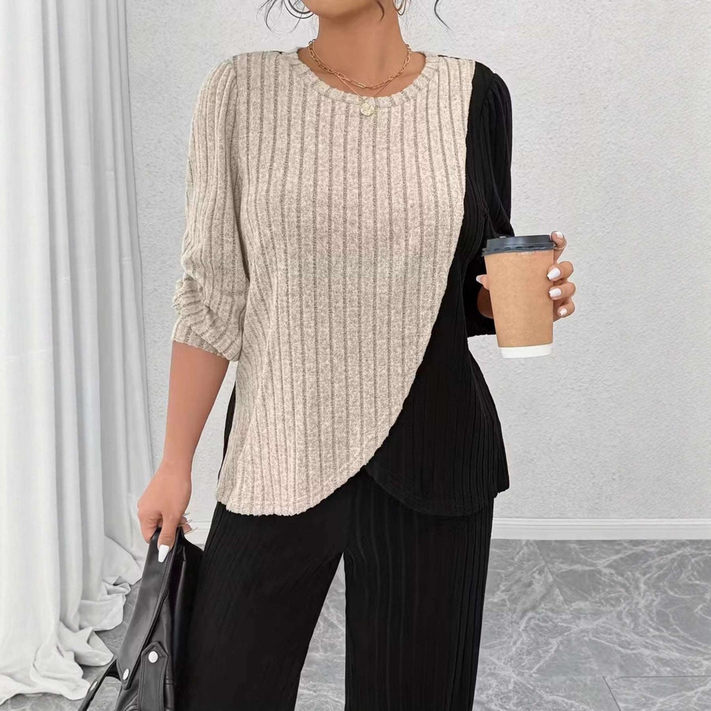 Women's Colorblock Top & Straight-Leg Pants Set