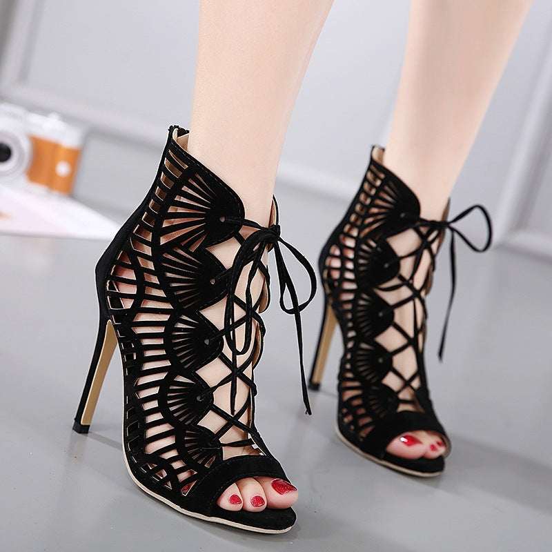 Women's Lace Stiletto High Heels – Suede Fish Mouth Hollow Roman Sandals | Black | EU 35–40