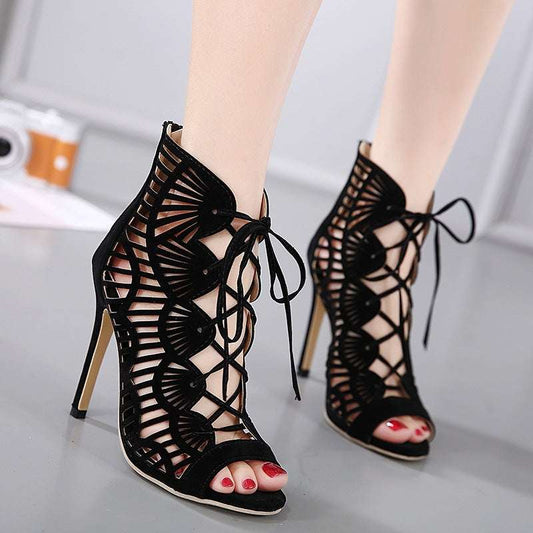Women's Lace Stiletto High Heels – Suede Fish Mouth Hollow Roman Sandals | Black | EU 35–40