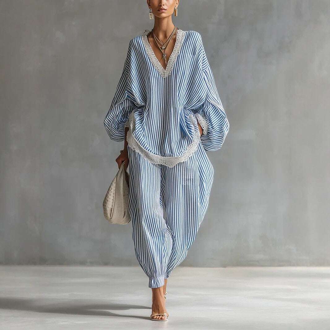 Blue & White Stripe Lace-Trim Puff Sleeve 2-Piece Set | S–2XL