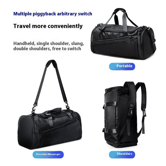 Black duffel bag and backpack with carrying options on a white background