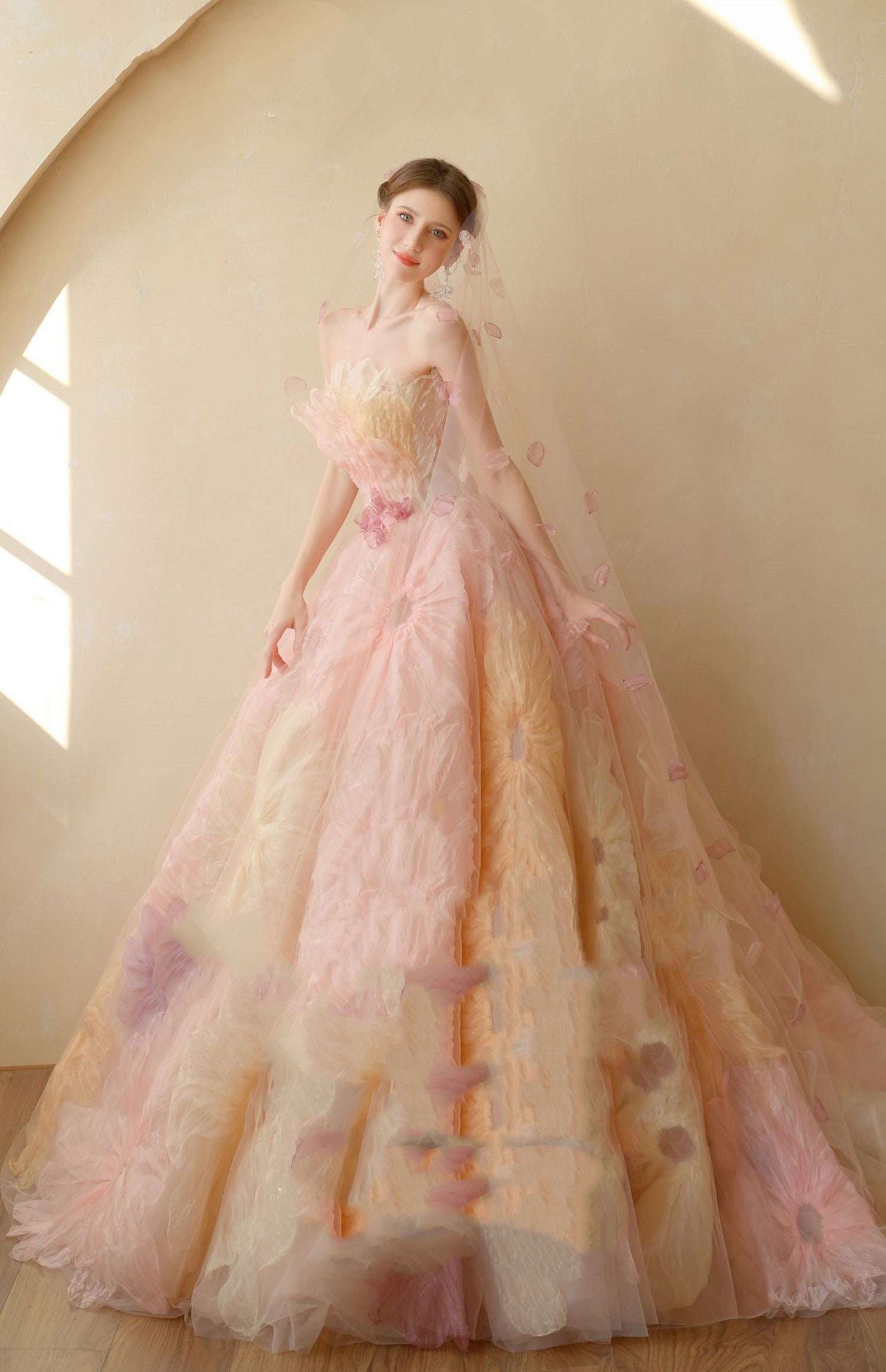 Sweet Mesh Bustier Bridal Gown with Train & Veil | Pink | S–XL