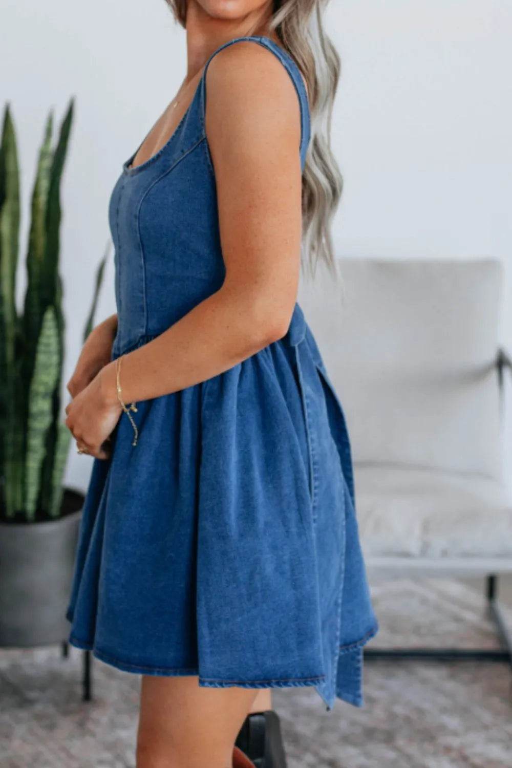V-Back Bow Tie Denim Skater Dress - Millivan supplies 