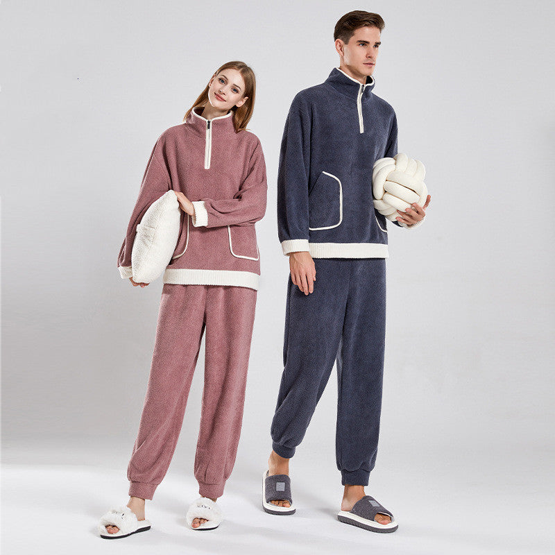 Fashionable Simple Waxberry Velvet Warm Outerwear Couple Pajamas - Matching Set