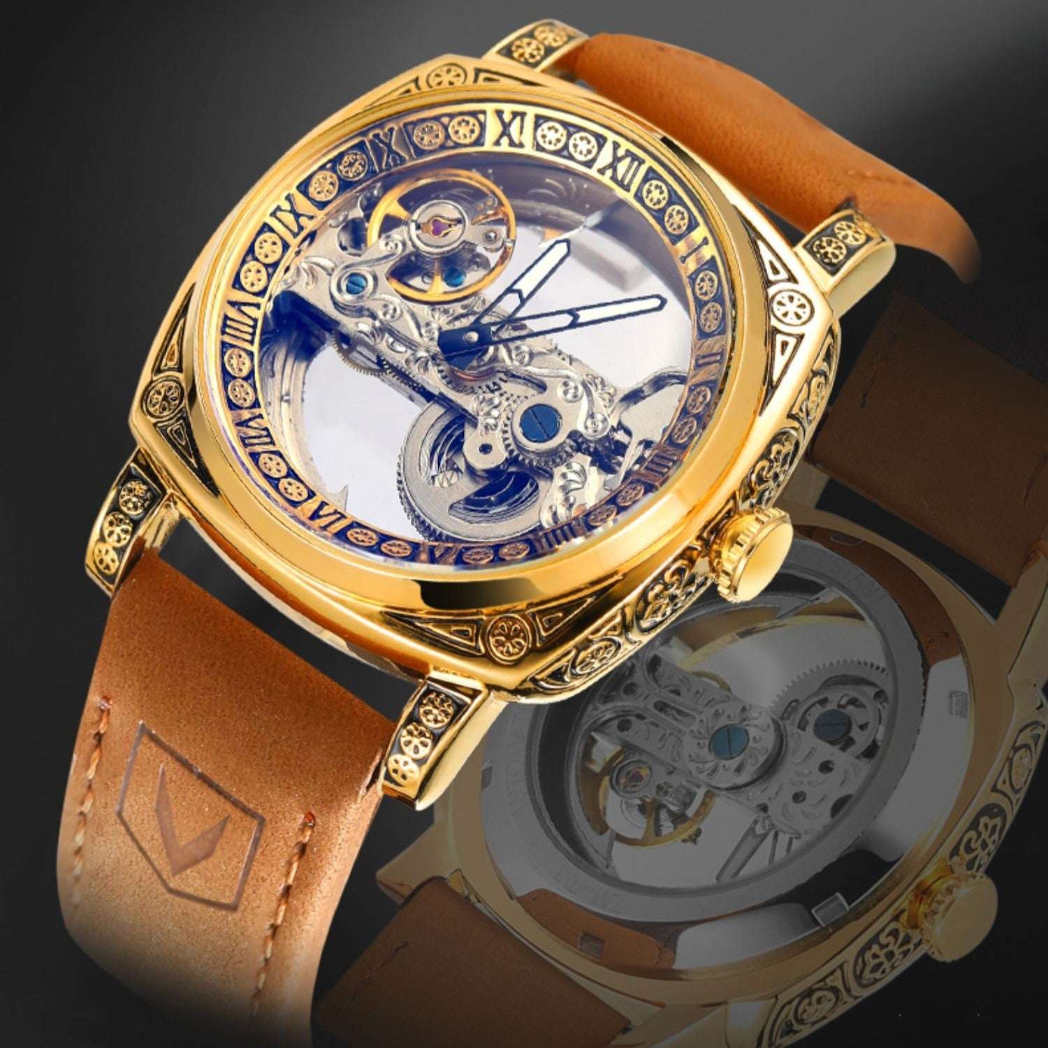 Men's Vintage Automatic Mechanical Watch – See-Through Case Back 42mm Genuine Cowhide Leather Strap | Gold Shell