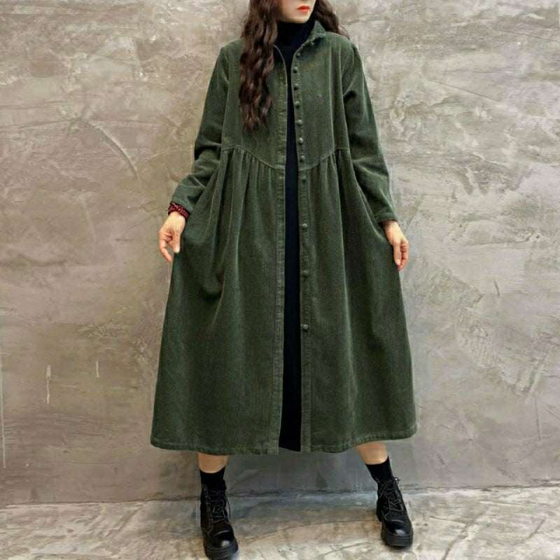 Women's Retro Corduroy Dust Coat – Loose Long Below-the-Knee Windbreaker Outwear | Brown, Dark Gray, Dark Green, Khaki | M–5XL