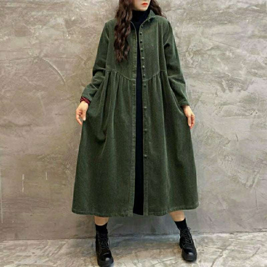 Women's Retro Corduroy Dust Coat – Loose Long Below-the-Knee Windbreaker Outwear | Brown, Dark Gray, Dark Green, Khaki | M–5XL