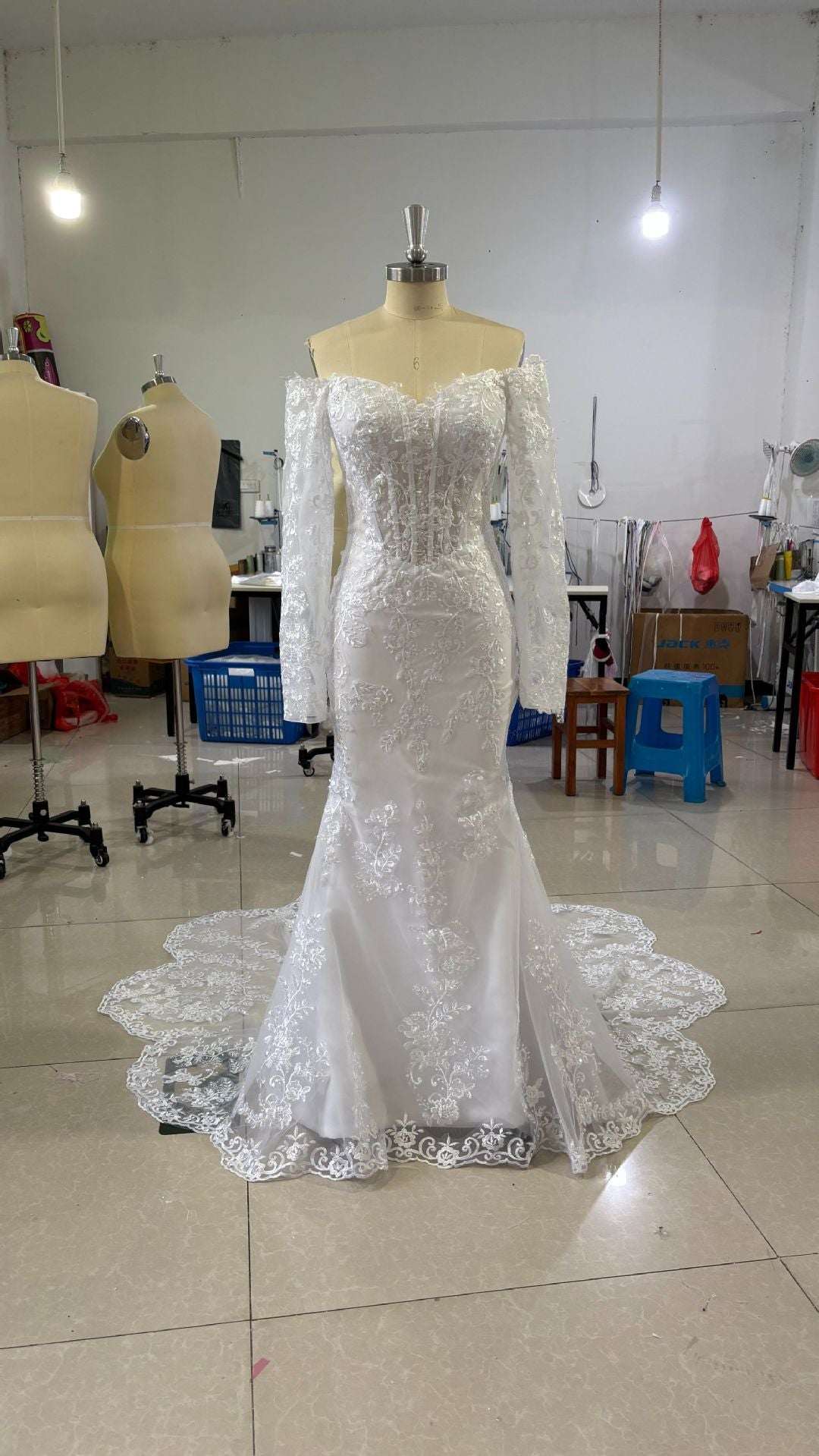 Women's Off-Shoulder Lace Long Sleeve Fishtail Wedding Gown – Mid-Waist Bridal Dress | Ivory | US 2–14 & 14W–26W