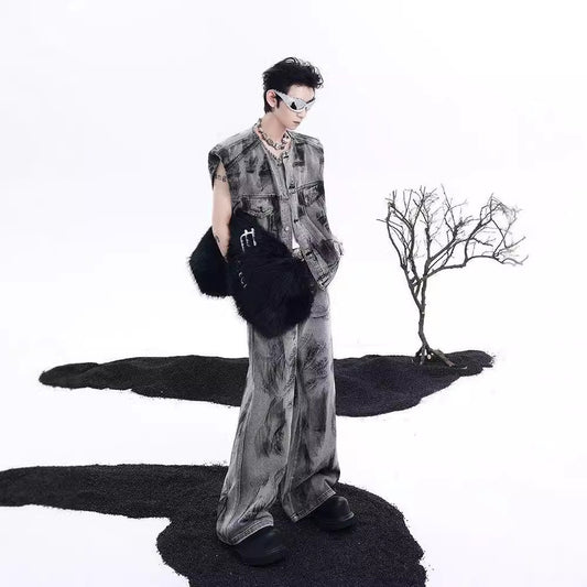 Person in stylish outfit with fur bag against a white background