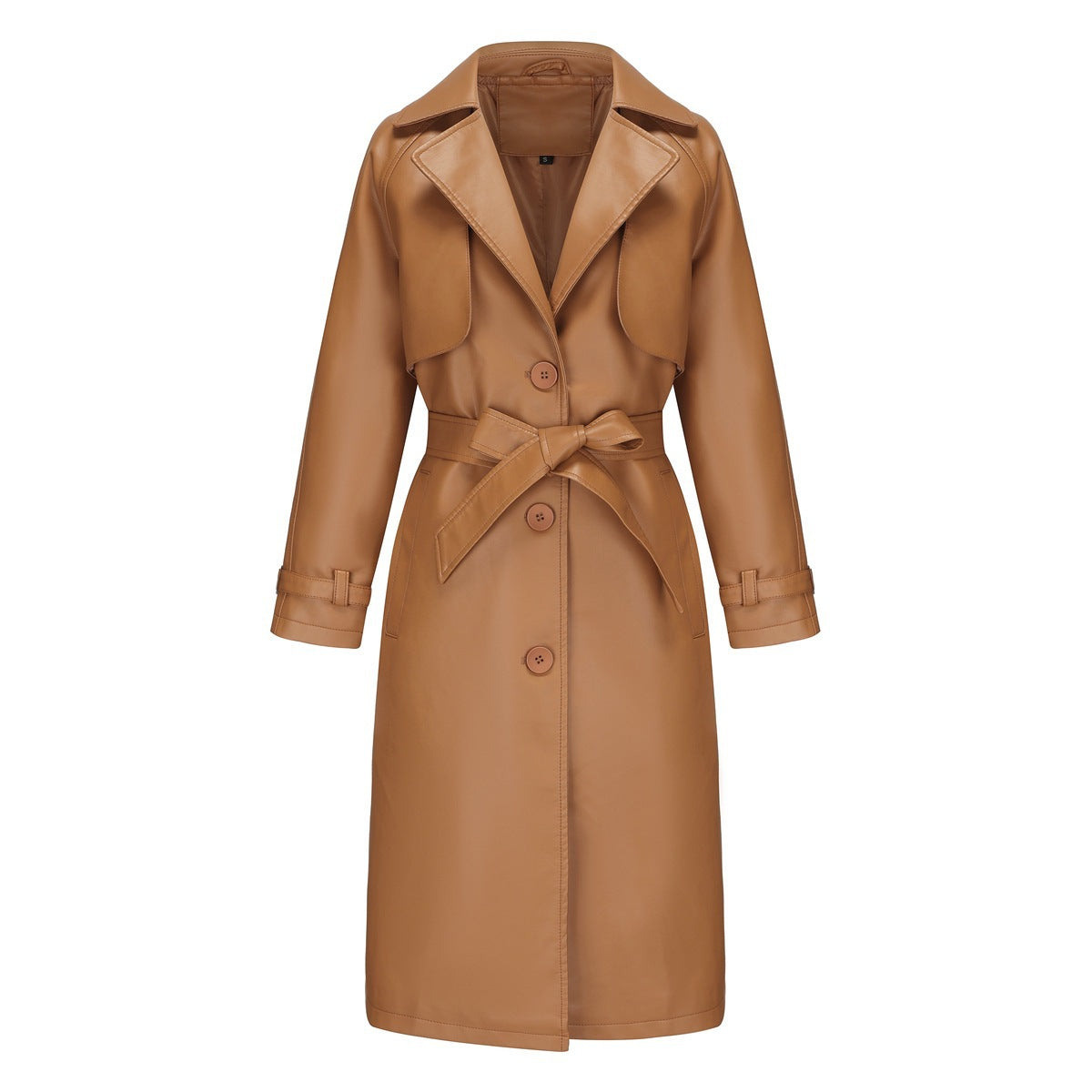 Tan coat with a belt on a white background