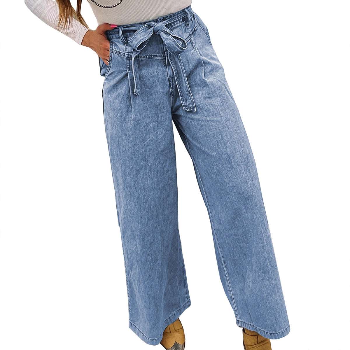 Women's High-Waist Straight-Leg Jeans With Bow Detail | Light Blue | UK 4–14
