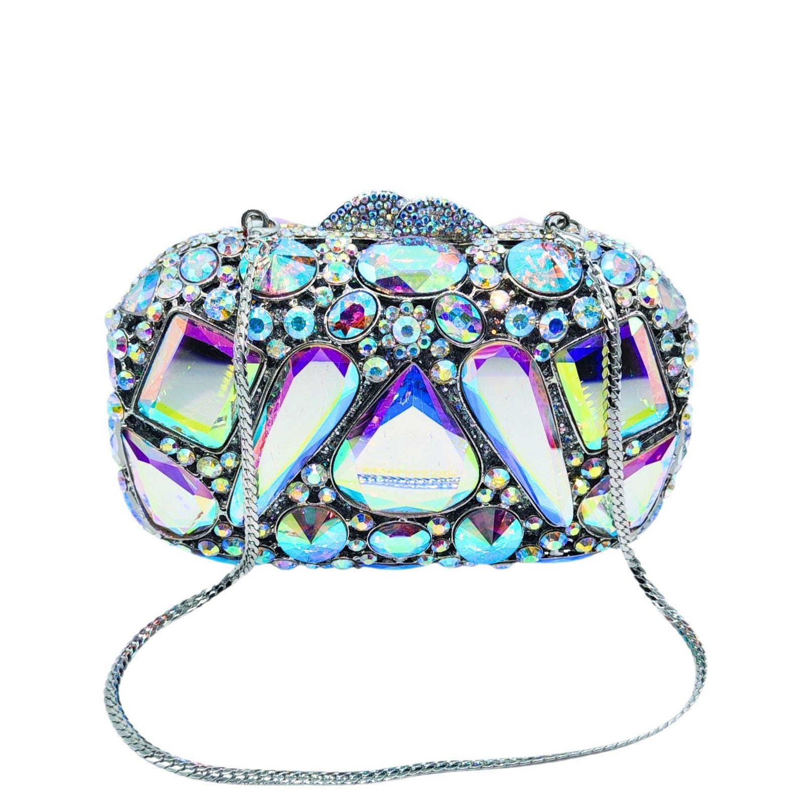 Elegant clutch bag with multicolored gemstones on a white background