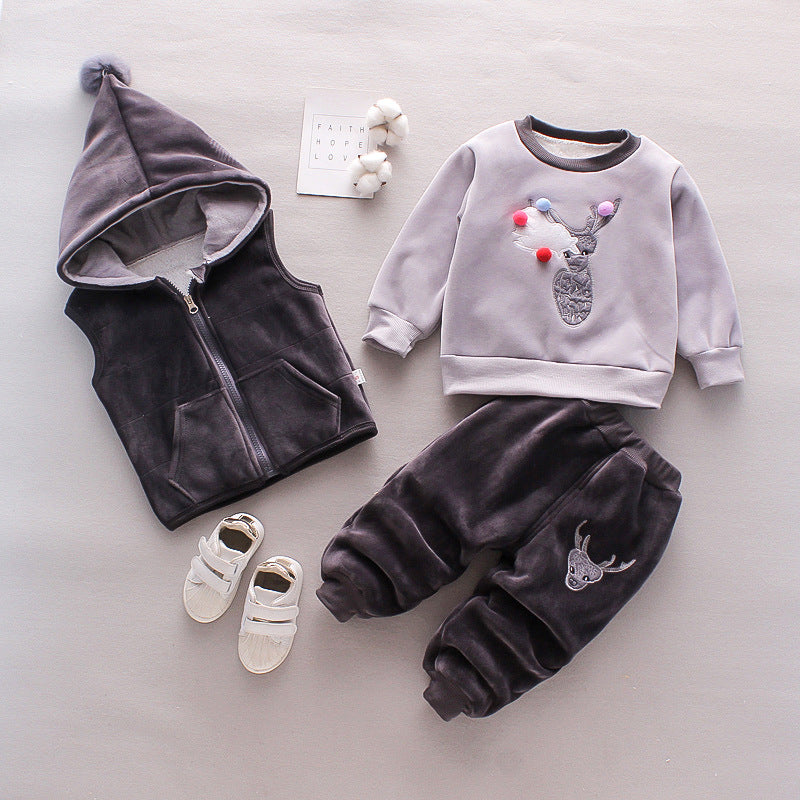 Children's clothing set with gray hoodie, pants, and vest on a light gray background.