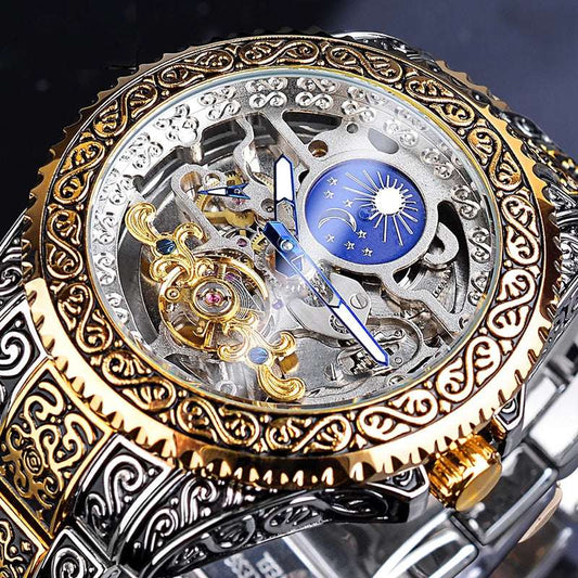 Forsining Men's Skeleton Carved Tourbillon Mechanical Watch – Automatic Self-Wind 44mm Stainless Steel | Yellow Gold