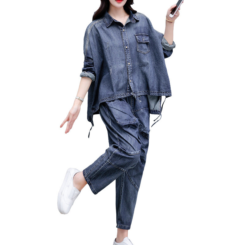 Women's Plus Size Long-Sleeve Top & Cropped Harem Pants Co-ord Set | Denim Blue | L–2XL