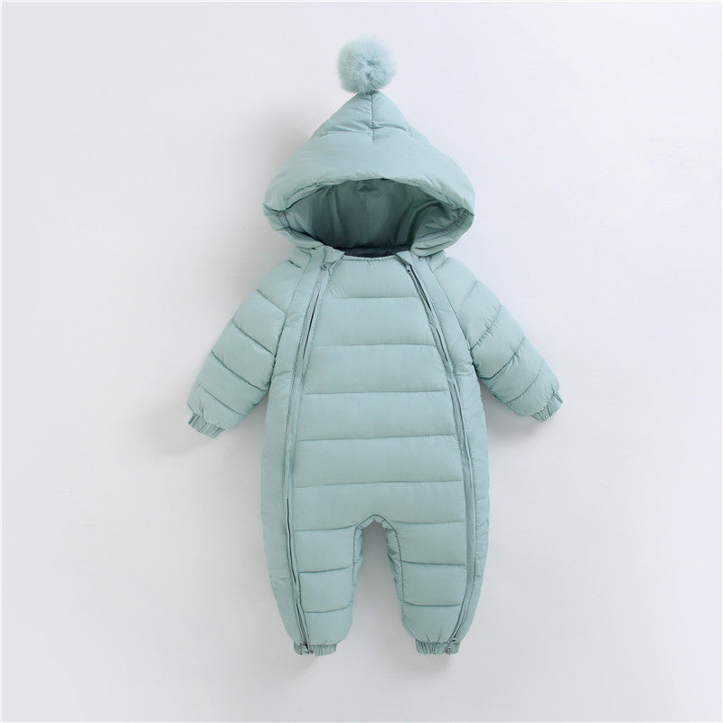 Light blue baby snowsuit with hood on a white background