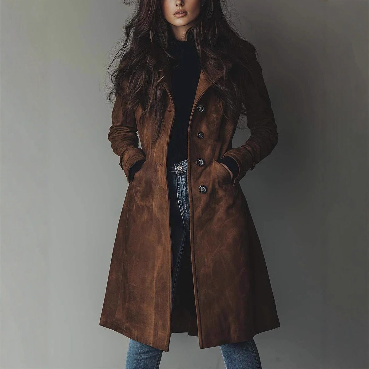 Woman wearing a brown coat against a plain background