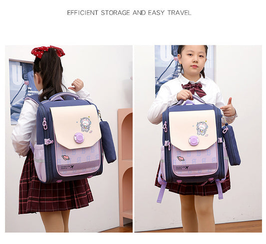 Child wearing a school uniform with a purple and beige backpack, with text 'Efficient storage and easy travel'.