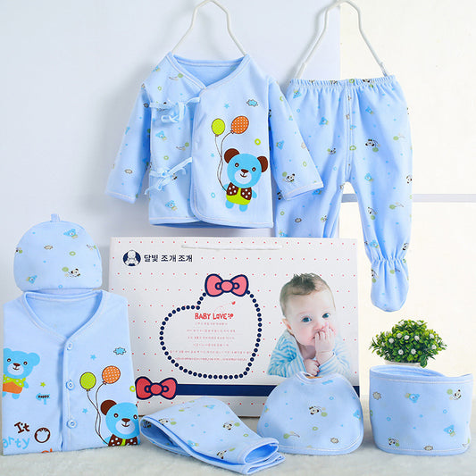 Baby clothing set with blue bear design in front of a white box.