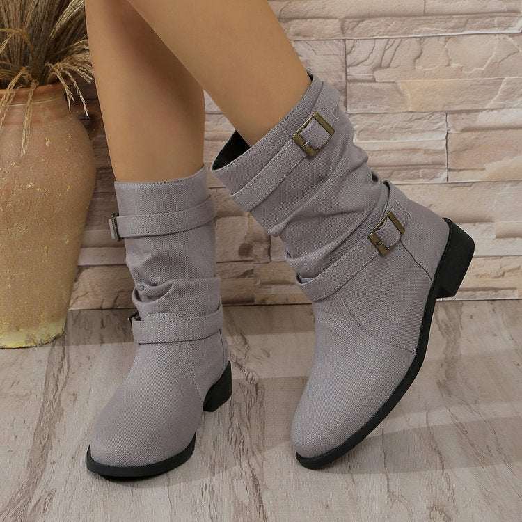 Women's Square Heel Denim Leather Boots - Round Toe High Boots