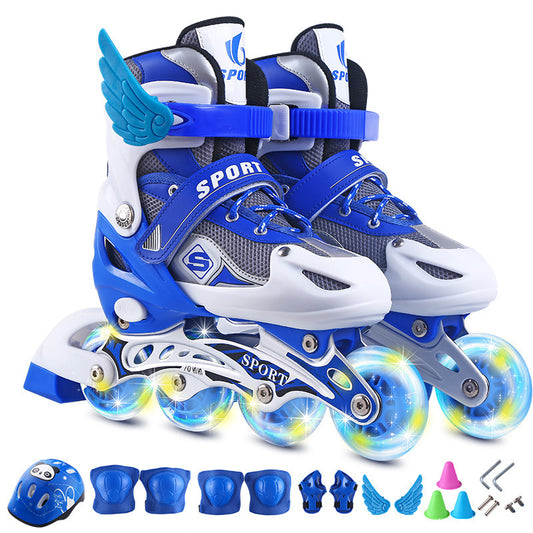 Blue and white inline skates with accessories on a white background