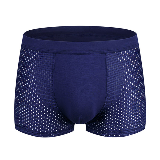 Navy blue boxer briefs with mesh design on a white background