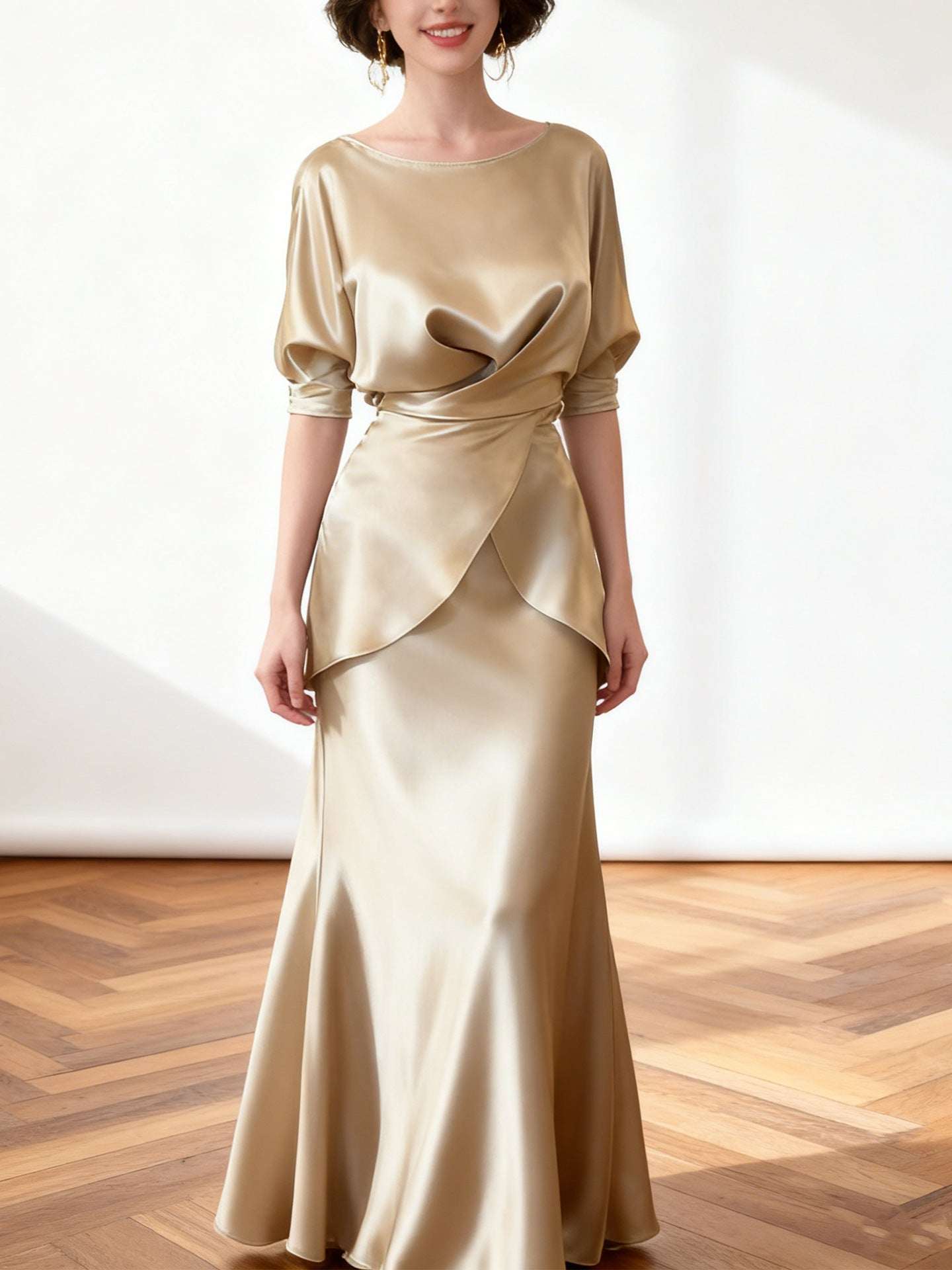 Women's Satin Princess-Sleeve Top & Fishtail Midi Skirt Two-Piece Set | Champagne | S–2XL