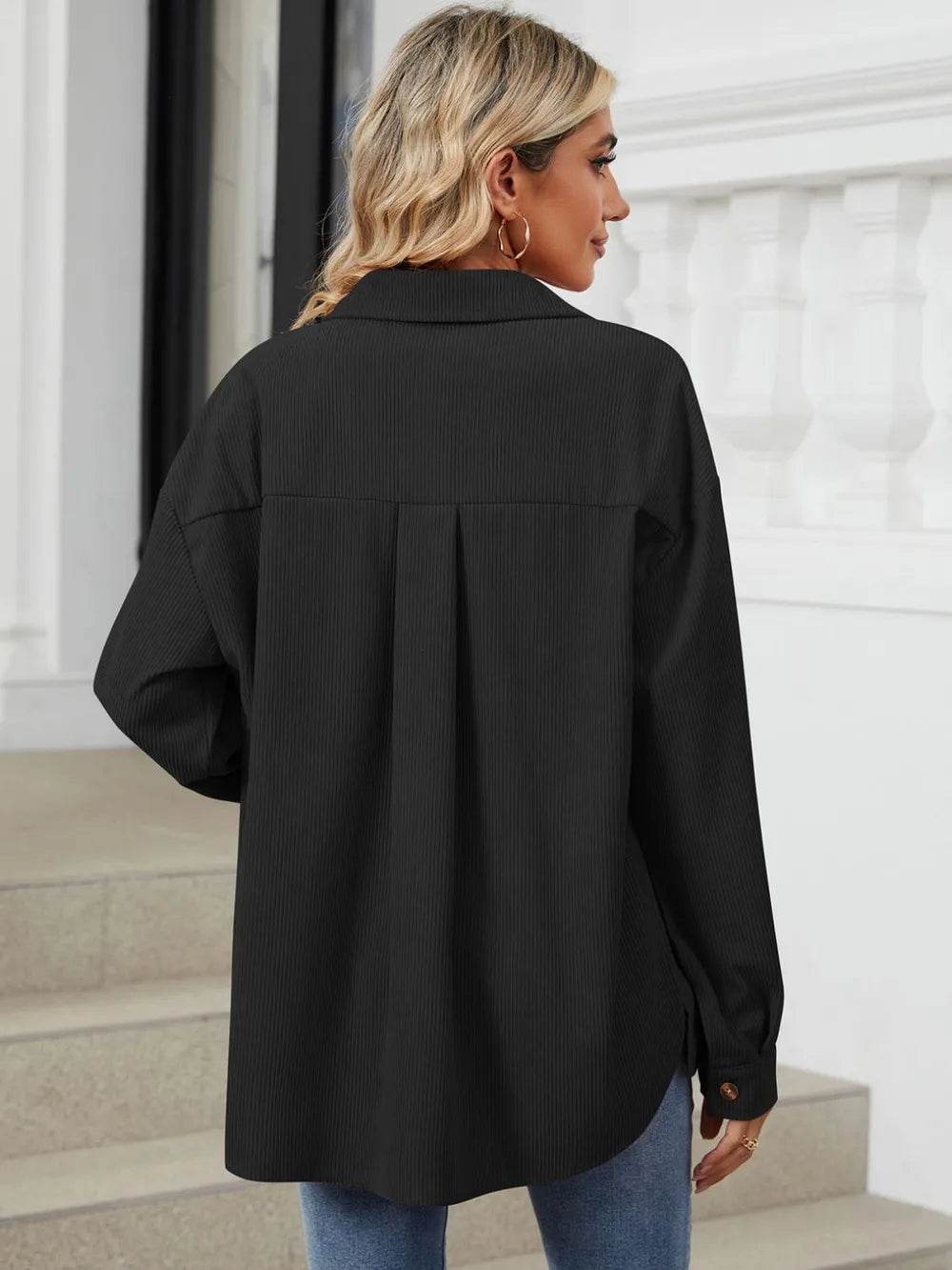 Button Up Dropped Shoulder Long Sleeve Outerwear - Millivan supplies 