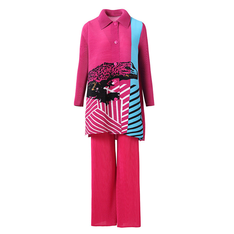 Colorful outfit with a pink top and pants on a white background