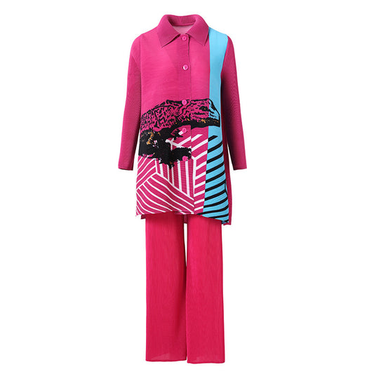 Colorful outfit with a pink top and pants on a white background