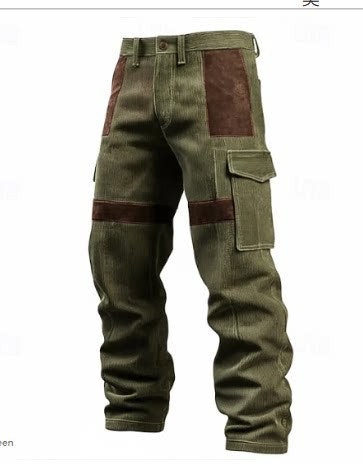 Olive green cargo pants with brown suede-like patch panels on the thighs and pockets, shown against a plain white background.