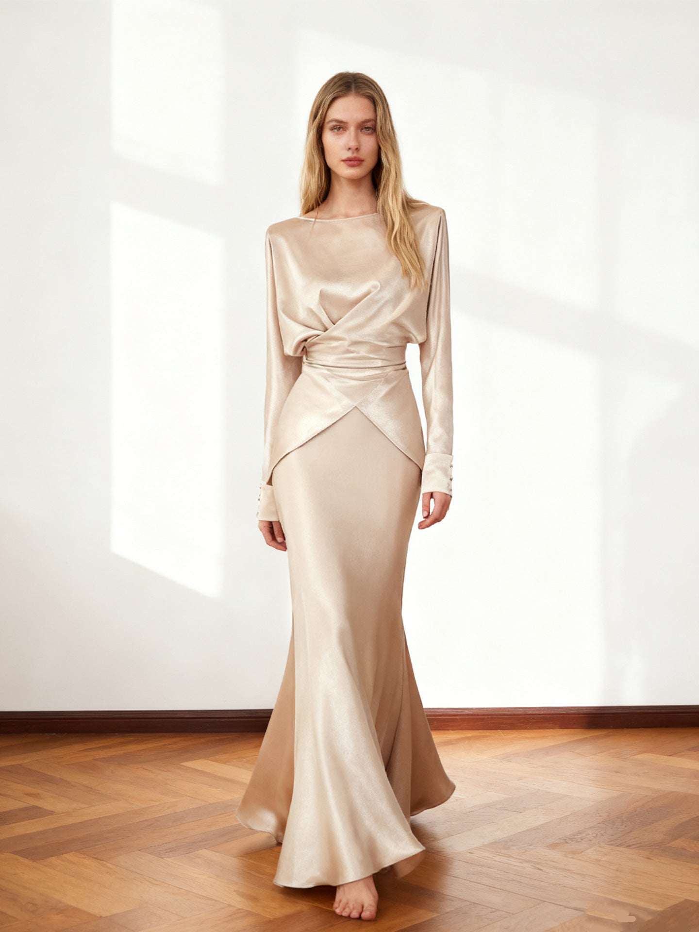 Women's Satin Princess-Sleeve Top & Fishtail Midi Skirt Two-Piece Set | Champagne | S–2XL