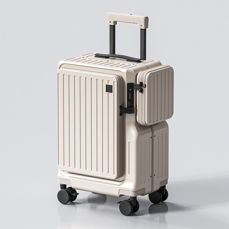 Beige suitcase with black wheels and handle on a light gray background
