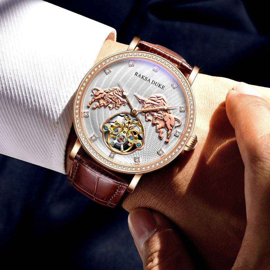 Men's Diamond-Embedded Commemorative Mechanical Watch – Antique Style Genuine Leather Strap Waterproof | Rose White