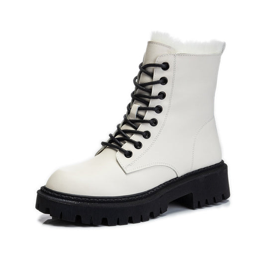 White boot with black laces and sole on a white background