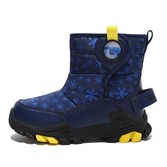 Blue winter boot with snowflake pattern and yellow accents on a white background