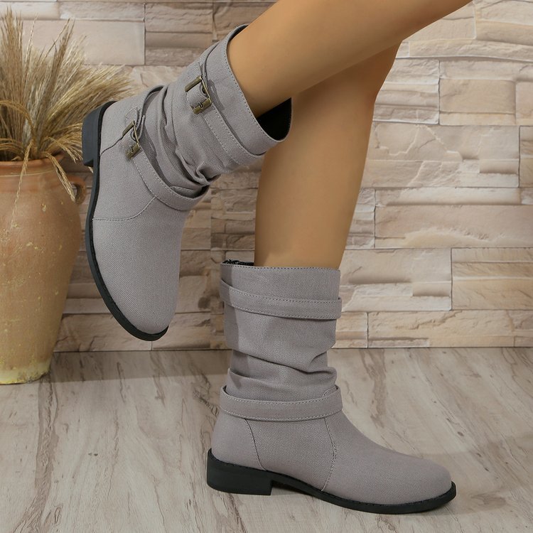 Le Denim Haut — Leather-Stitch Slip-On Square-Heel Knee-High Boots