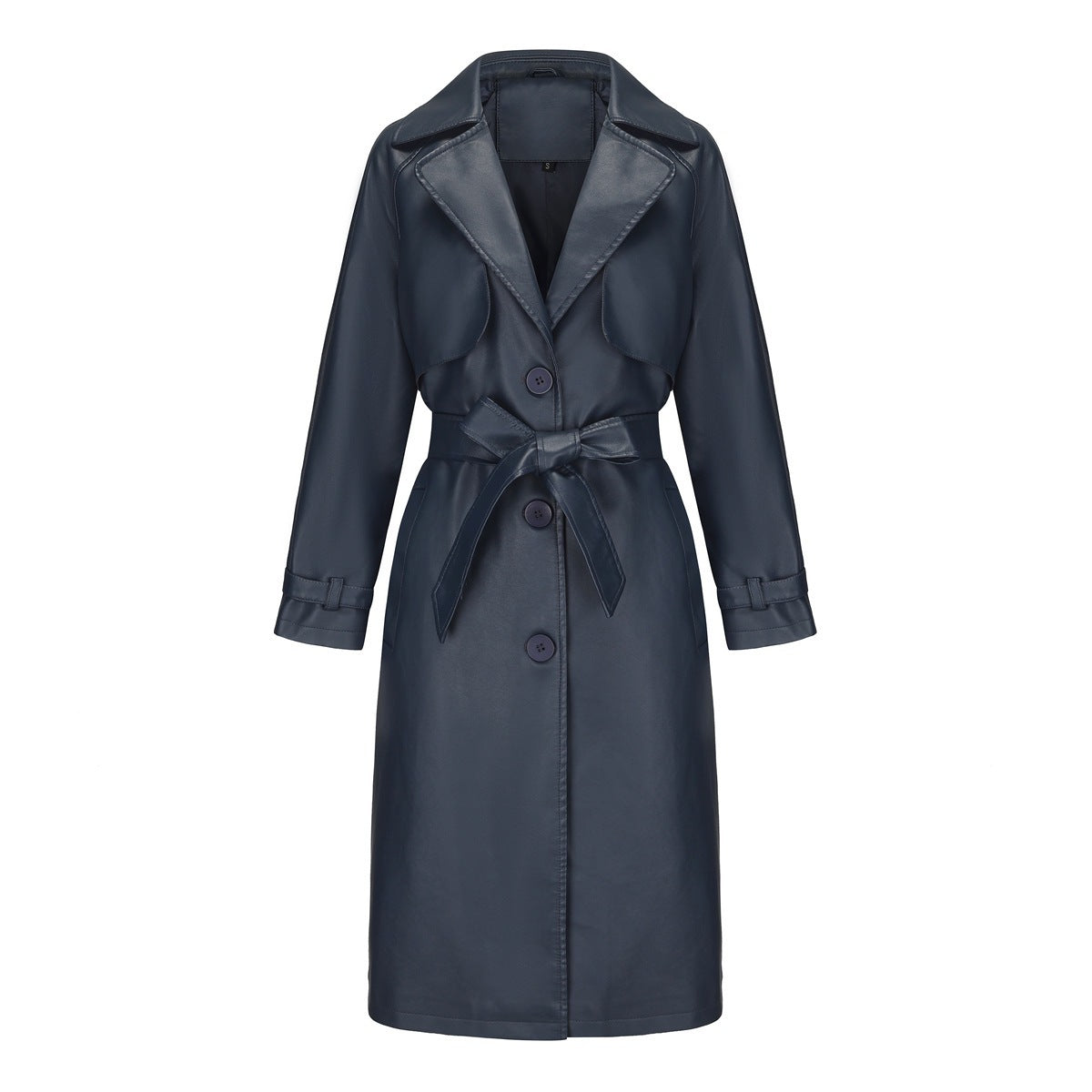 Dark gray trench coat with a belt on a white background