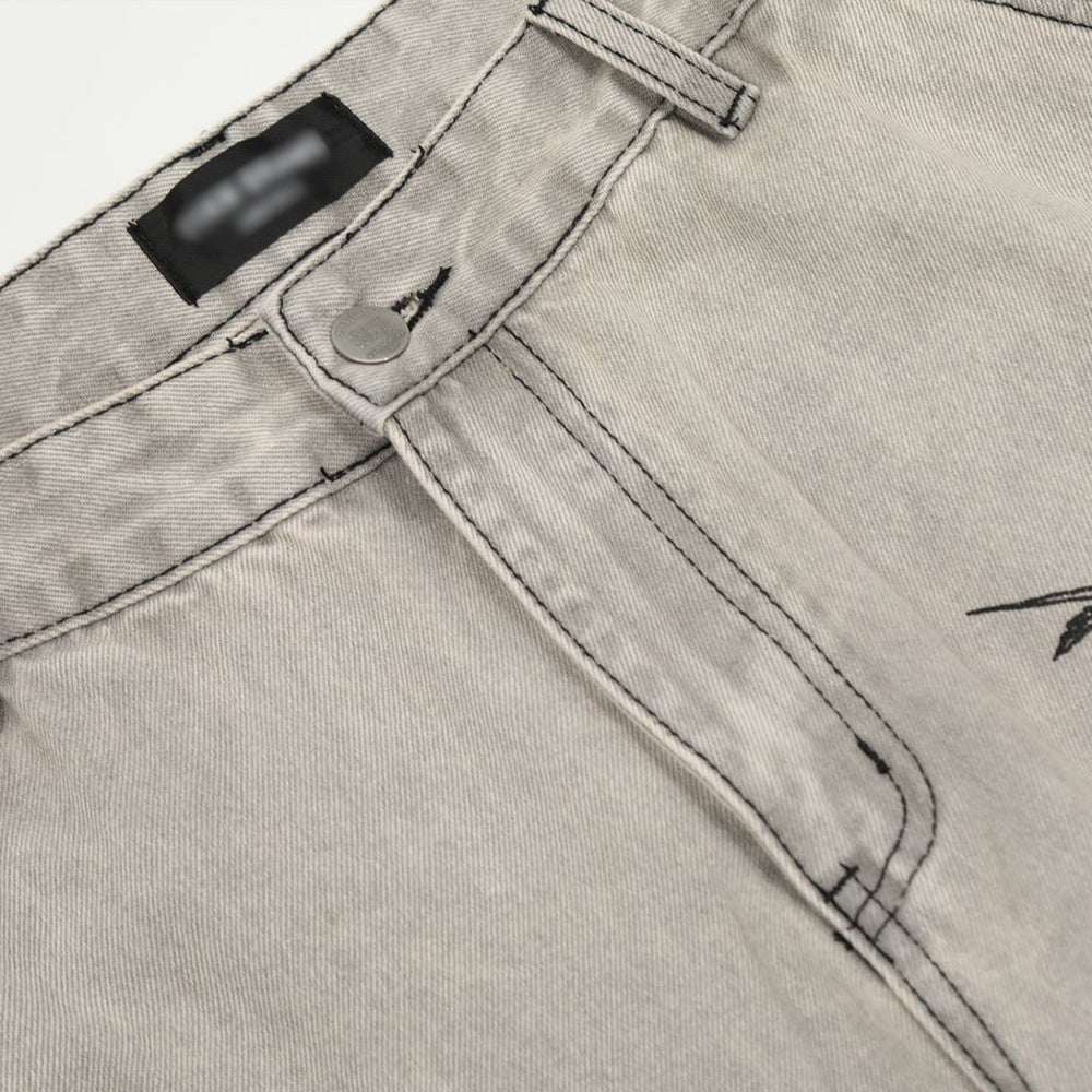 Men's Graffiti Print Loose Straight-Leg Denim Trousers | Light Gray | S–2XL