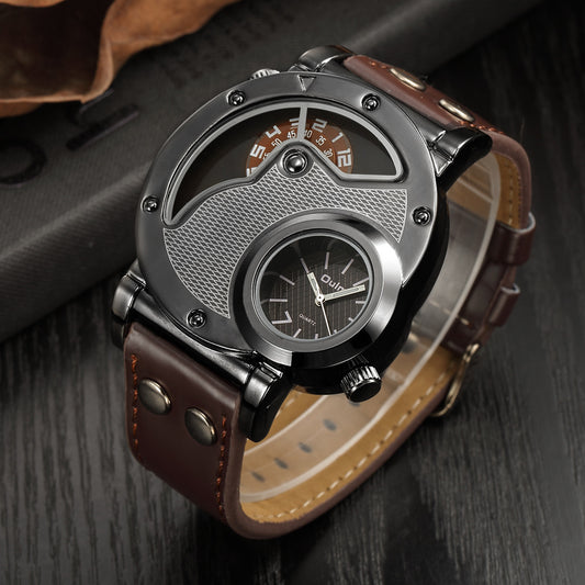 Luxury watch with brown leather strap on a dark wooden surface