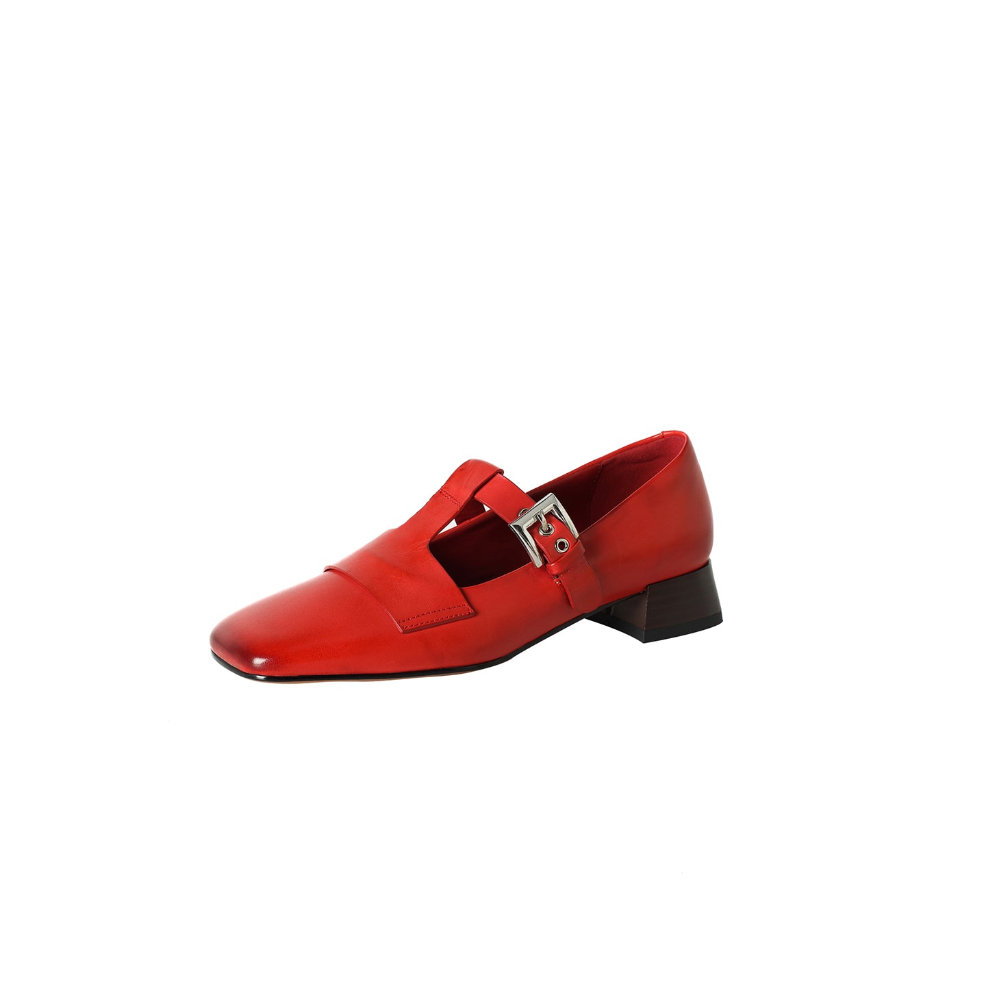 Red shoe with a strap on a white background