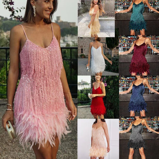Collage of women wearing various dresses in different settings
