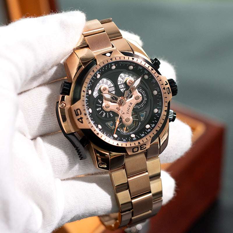 Men's Large Dial Mechanical Watch – 45mm Hollow-Out Waterproof Strong Luminous Steel Watch | 6 Styles